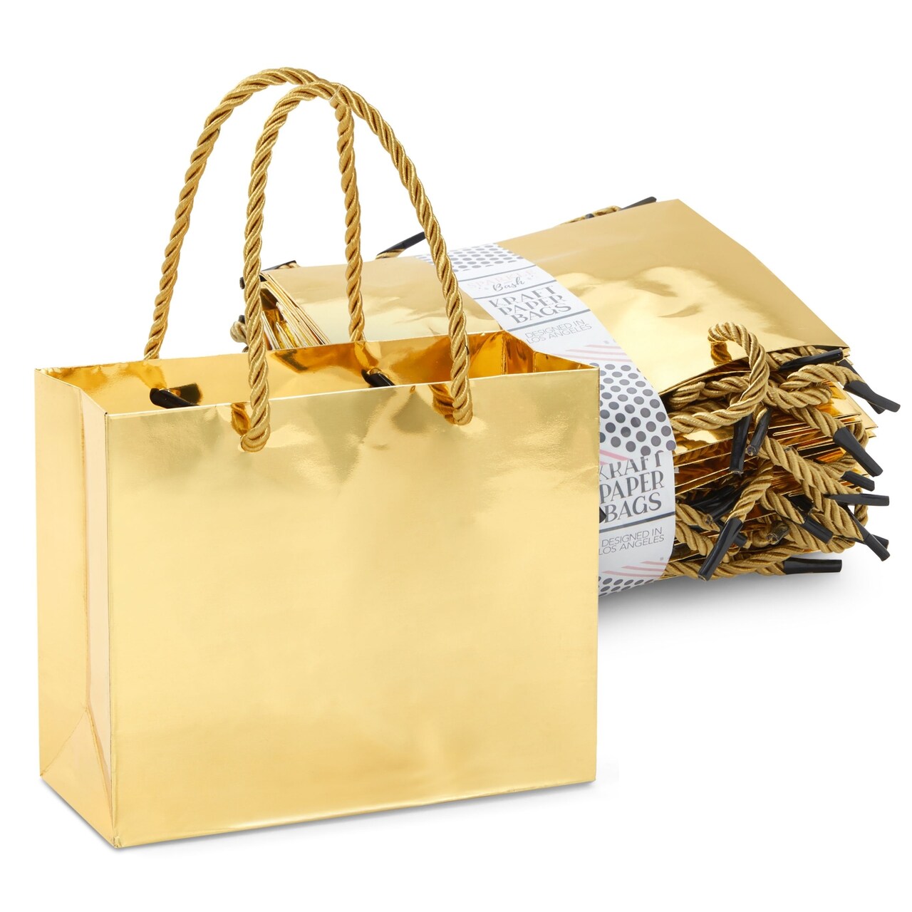 Sparkle and Bash Gold Goodie Bags - Mini Metallic Gold Reusable Paper Bags for Party Favors, Pack of 24, 6 x 5 x 2.5 Inches, Rope Handles
